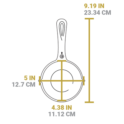 Dimensional drawing of product. Length of melting pot including handle is 9.19 inches, width of pot from pour spout to pour spout is 5 inches, length of pot is 4.38 inches.
