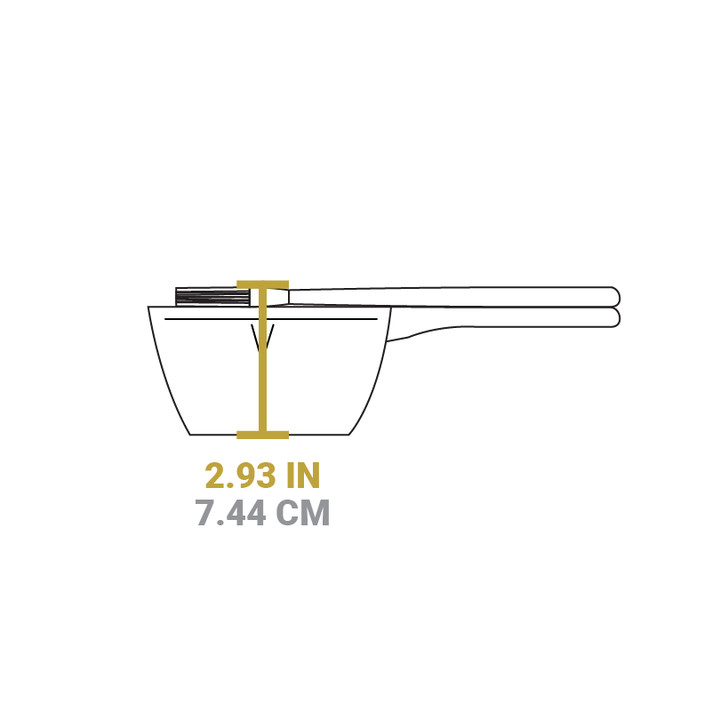 Dimensional drawing of product. Height of melting pot with silicone brush on top is 2.93 inches.