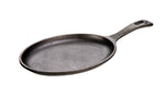 Oval shaped griddle with long handle.