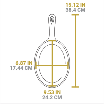 Dimensional drawing of griddle. Length including handle is 5.12 inches, width of griddle is 6.87 inches, length of griddle is 9.53 inches.