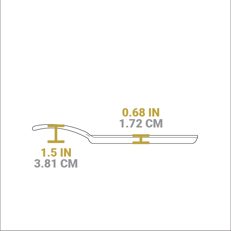 Dimensional drawing of griddle. Height of handle is 1.5 inches, height of griddle is 0.68 inches.