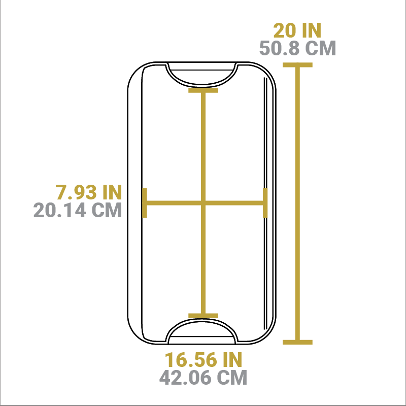 Dimensional drawing of product. Width of griddle is 16.56 inches, length is 7.93 inches, total width including handles is 20 inches.