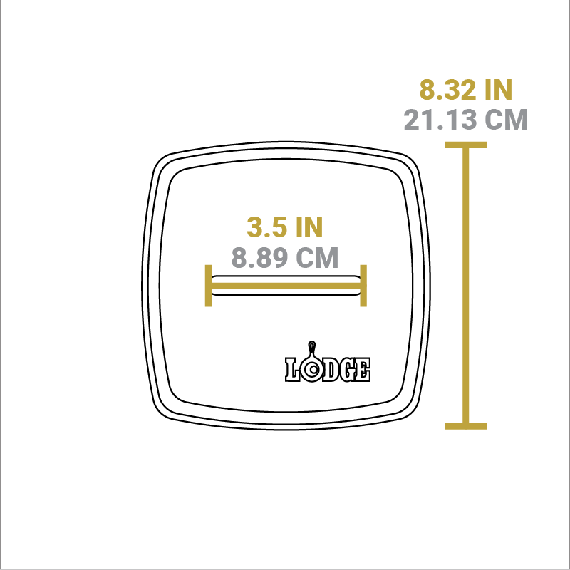 Dimensional drawing of product. Handle width is 3.5 inches, length of press is 8.32 inches.