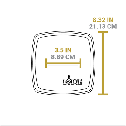 Dimensional drawing of product. Handle width is 3.5 inches, length of press is 8.32 inches.