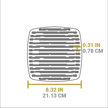 Dimensional drawing of product. Width of press is 8.32 inches, distance between lines is 0.31 inches.