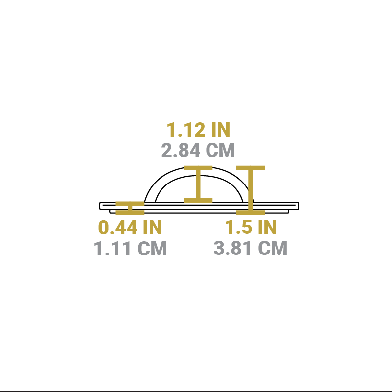 Dimensional drawing of product. Total height is 1.5 inches, height of handle is 1.12 inches, height of press portion is 0.44 inches.