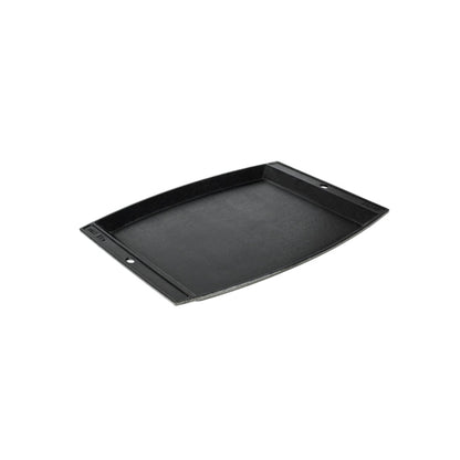 Black griddle shaped similar to a tray, with slightly rounded sides.