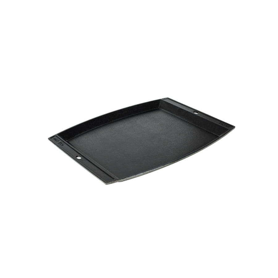 Black griddle shaped similar to a tray, with slightly rounded sides.