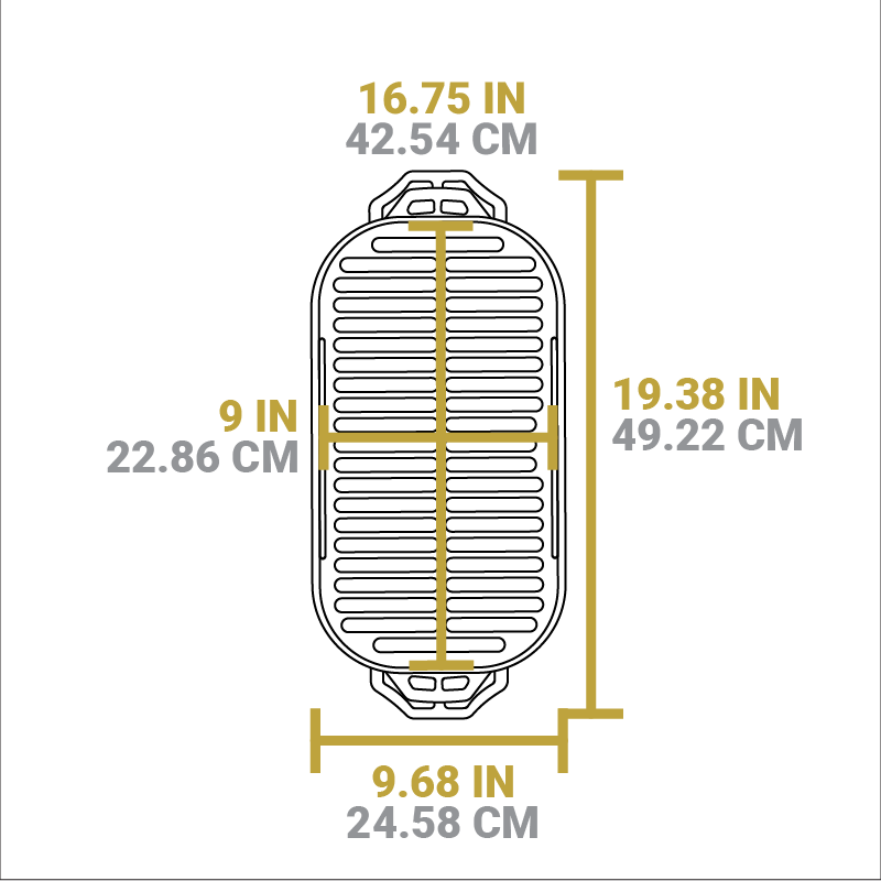 Dimensional drawing of product. Total length is 19.38 inches, total width is 9.6 inches, length of cooking surface is 16.75 inches, width of cooking surface is 9 inches.