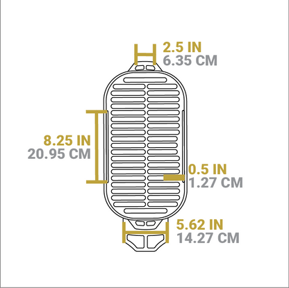 Dimensional drawing of product. Distance between grates is 0.5 inches, width of carry handles is 2.5 inches, width of base is 5.62 inches.