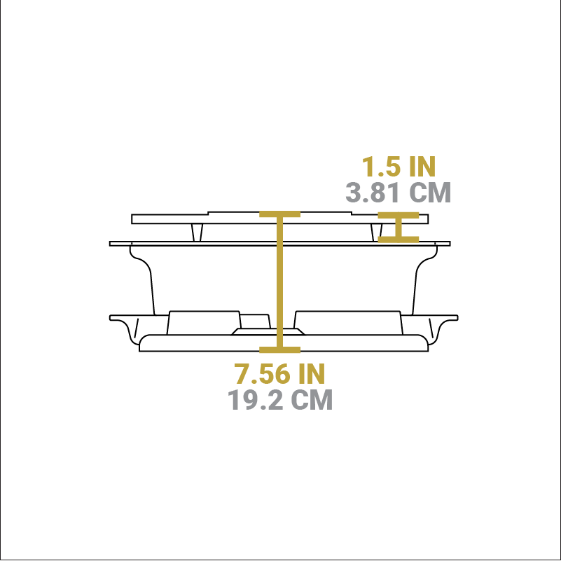 Dimensional drawing of product. Total height is 7.56 inches height of grilling surface from based is 1.5 inches.