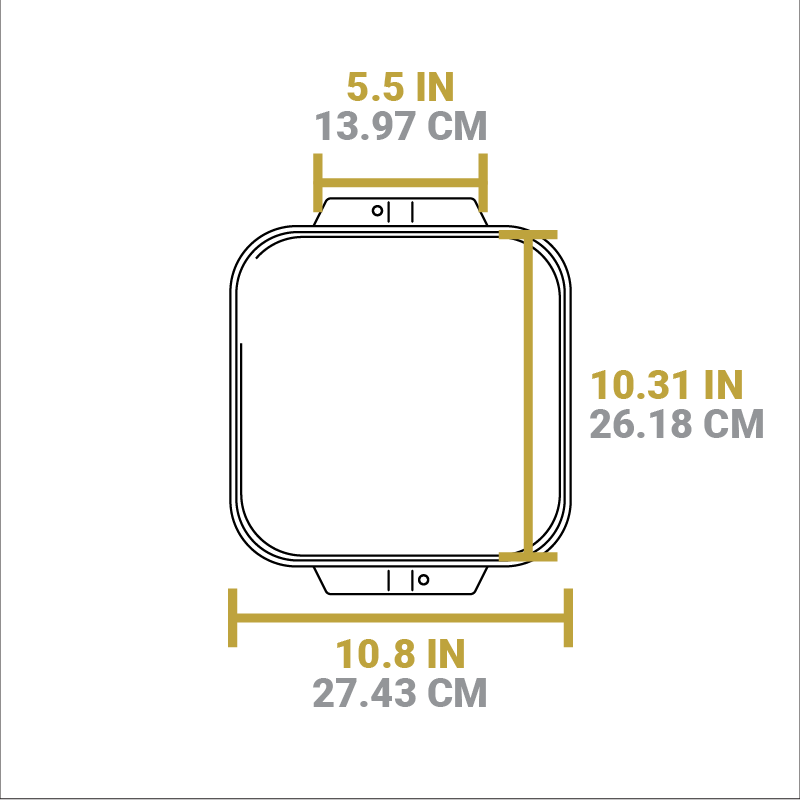 Dimensional drawing of product. Width of cooking surface is 10.31 inches, length of cooking surface is 10.8 inches, width of handle is 5.5 inches.