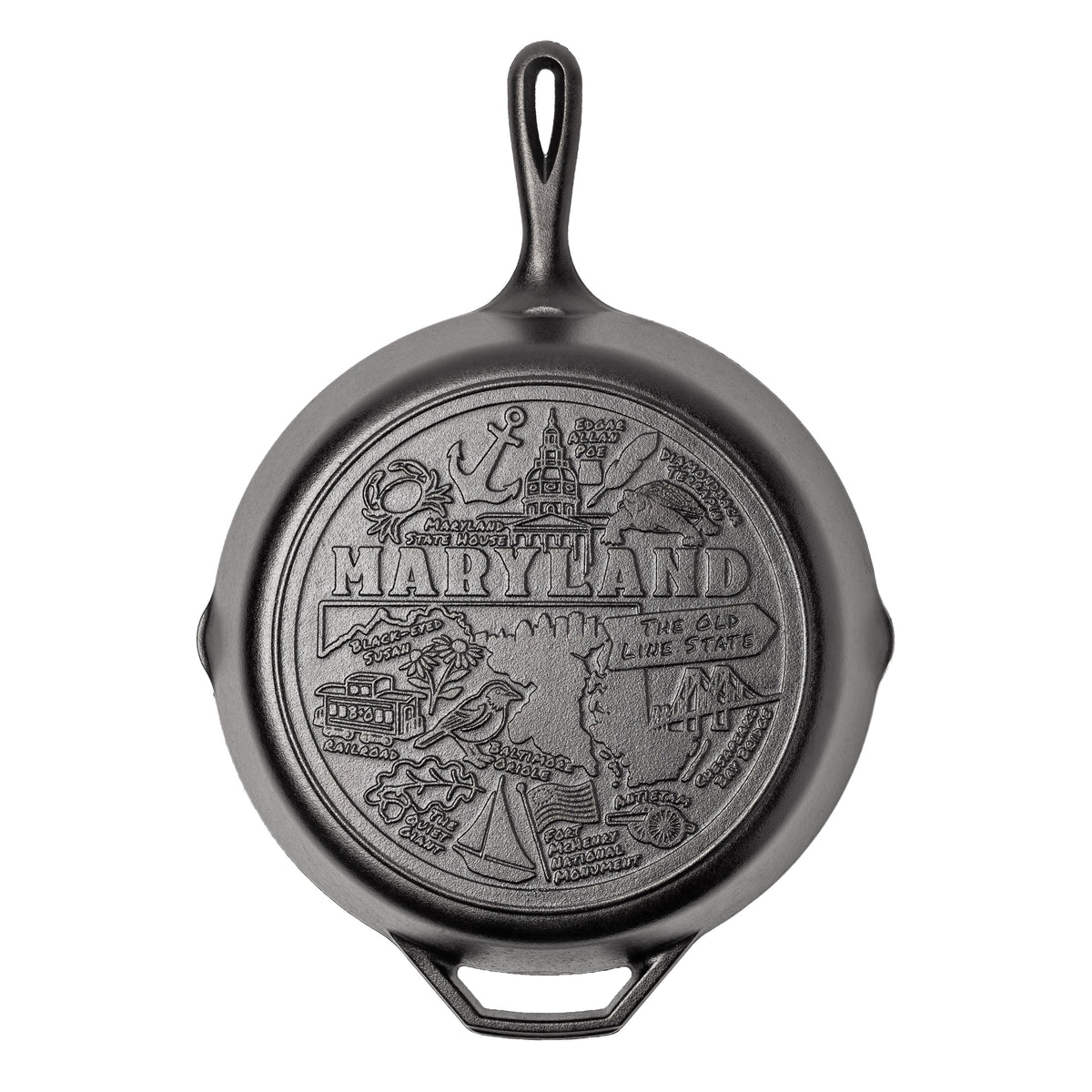 Cast iron skillet with the bottom engraved with beloved icons and monuments from Maryland.
