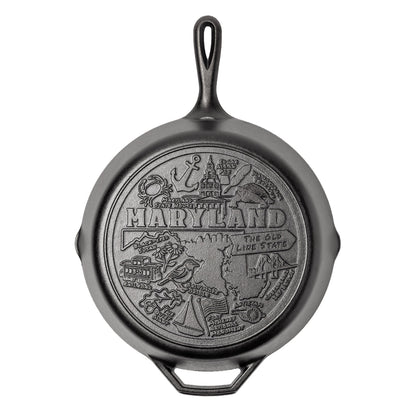 Cast iron skillet with the bottom engraved with beloved icons and monuments from Maryland.