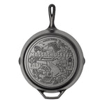 Cast iron skillet with the bottom engraved with beloved icons and monuments from Massachusetts.
