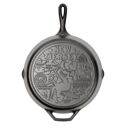 Cast iron skillet with the bottom engraved with beloved icons and monuments from New Jersey.