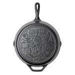 Cast iron skillet with the bottom engraved with beloved icons and monuments from Rhode Island.