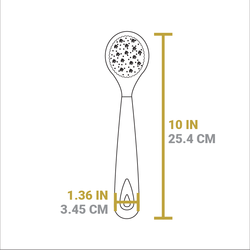 Dimensional drawing of product. Full length of brush is 10 inches, width of handle is 1.36 inches.