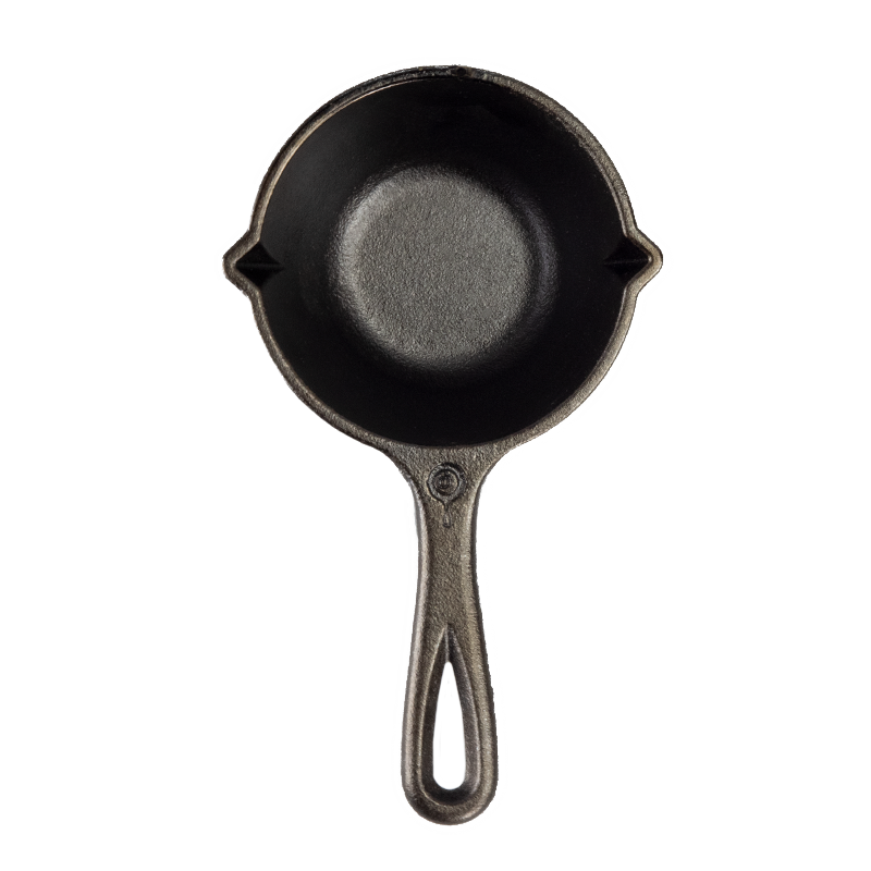 Top view of melting pot that has one long handle and 2 pour spouts.