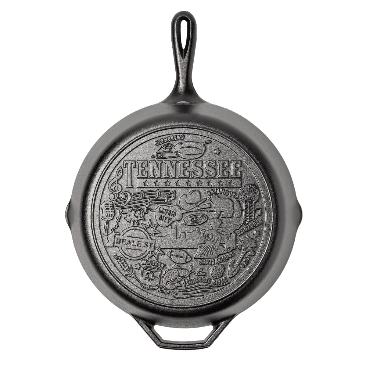 Cast iron skillet with the bottom engraved with beloved icons and monuments from Tennessee.