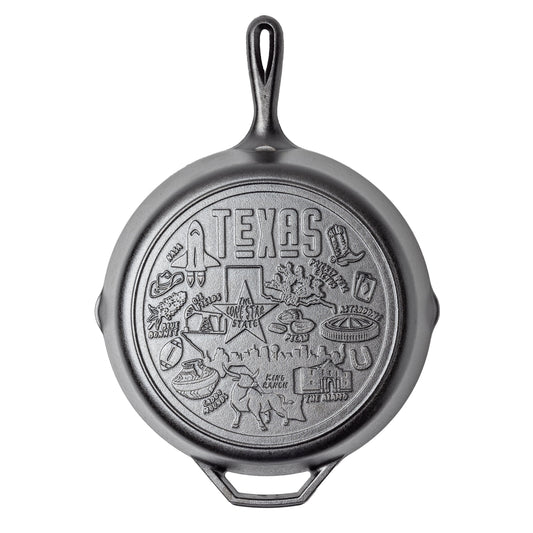 Cast iron skillet with the bottom engraved with beloved icons and monuments from Texas.