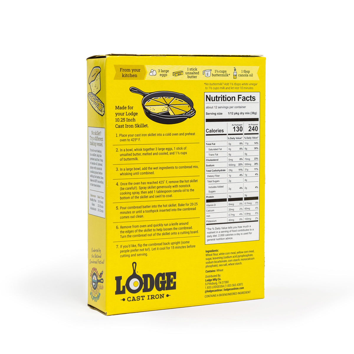 Back of Lodge cast iron cornbread mix packaging with nutritional information on a white background