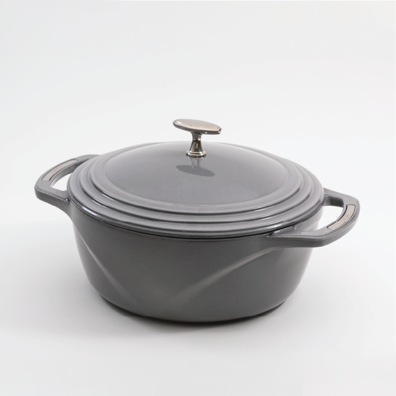 Grey enameled cast iron Dutch oven with a lid on a white background