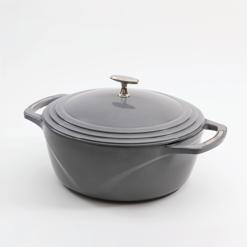 Grey enameled cast iron Dutch oven with a lid on a white background