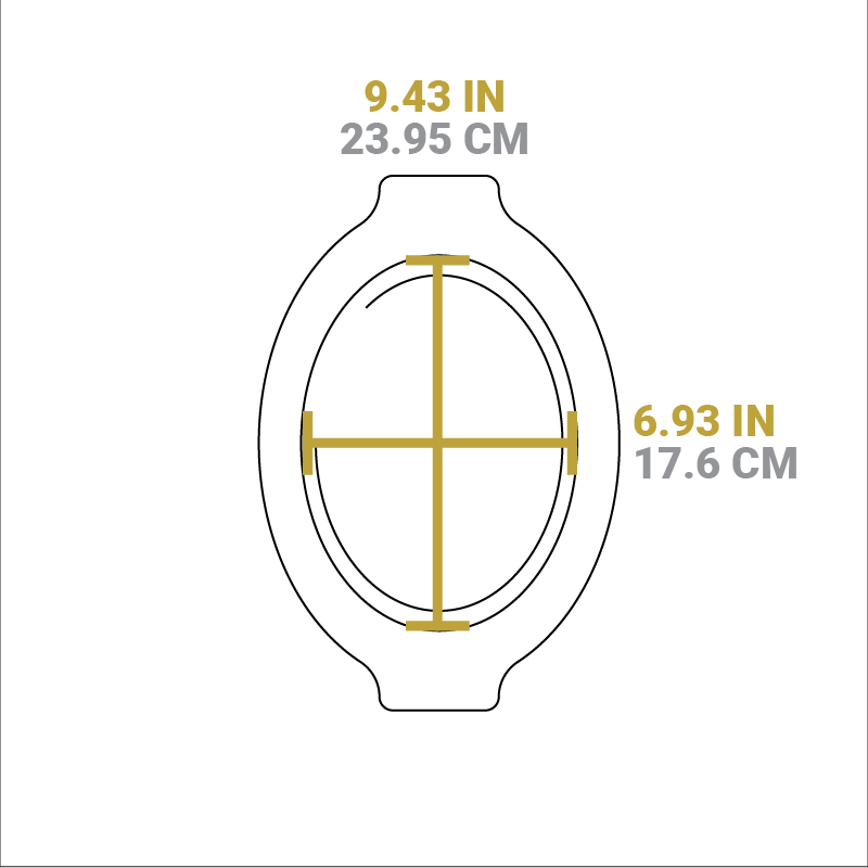Dimensional drawing of product. Width of serving area is 9.43 inches and length is 6.93 inches.