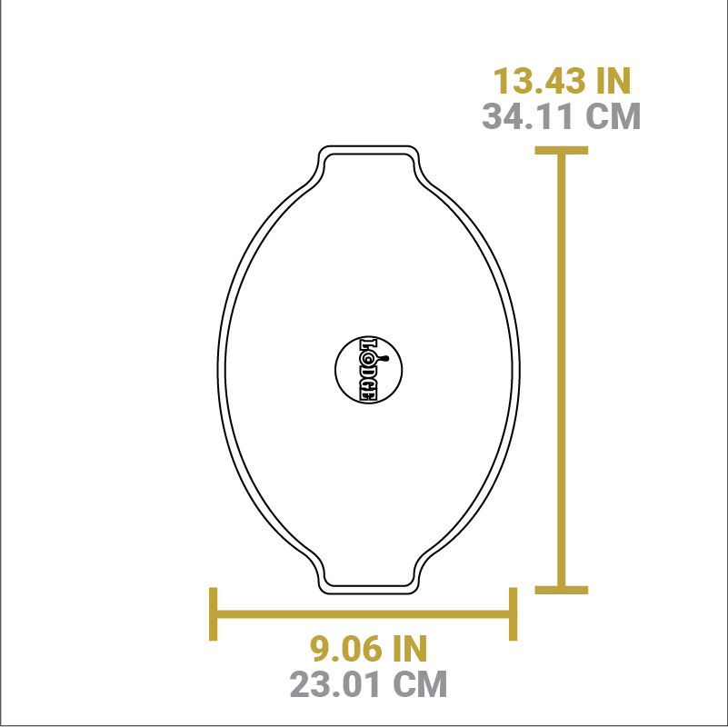 Dimensional drawing of product. Total width is 13.43 inches, length is 9.06 inches.