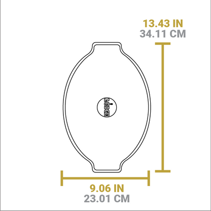 Dimensional drawing of product. Total width is 13.43 inches, length is 9.06 inches.