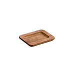 Wooden tray with indentation to hold and serve dish.
