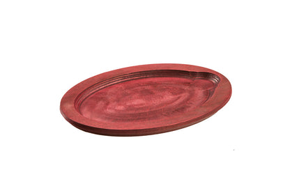 Red colored wood underliner with indent to place serving dish.