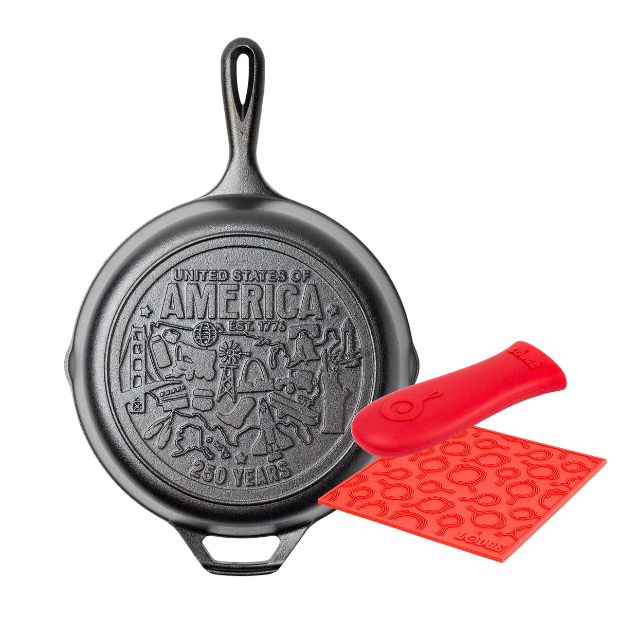 Our American Icons skillet, featuring monuments and icons from around the country, paired with a red silicone handle holder and trivet.