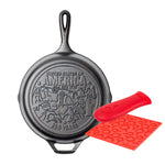 Our American Icons skillet, featuring monuments and icons from around the country, paired with a red silicone handle holder and trivet.