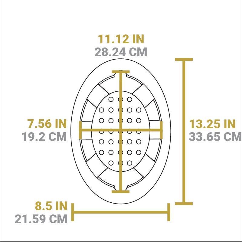 Dimensional drawing of product. Total length is 13.25 inches. total width is 8.5 inches, width of indent for server is 7.56 inches, length is 11.12 inches.