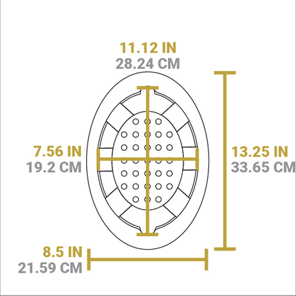 Dimensional drawing of product. Total length is 13.25 inches. total width is 8.5 inches, width of indent for server is 7.56 inches, length is 11.12 inches.