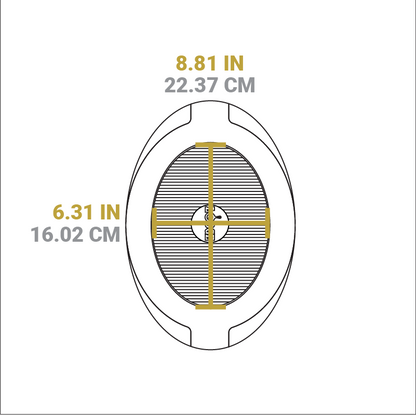 Dimensional drawing of product. Width of flat bottom is 6.31 inches, length is 8.81 inches.