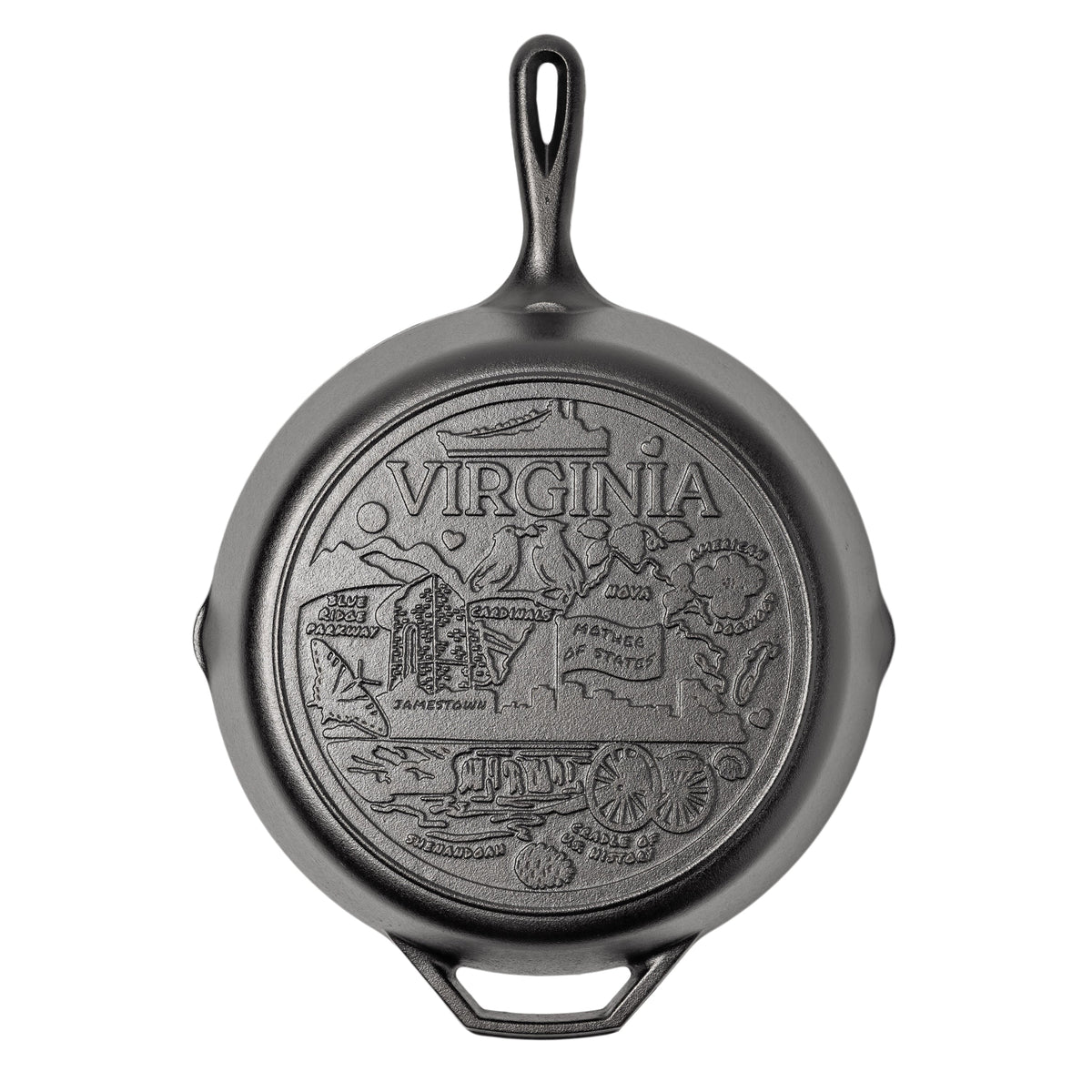 Cast iron skillet with the bottom engraved with beloved icons and monuments from Virginia.