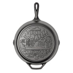Cast iron skillet with the bottom engraved with beloved icons and monuments from Virginia.