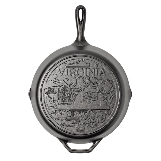 Cast iron skillet with the bottom engraved with beloved icons and monuments from Virginia.