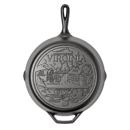 Cast iron skillet with 'Virginia' engraving on a white background