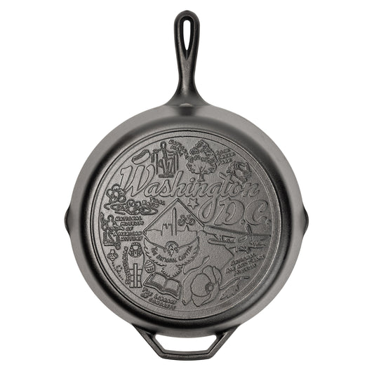 Cast iron skillet with the bottom engraved with beloved icons and monuments from Washington D.C..