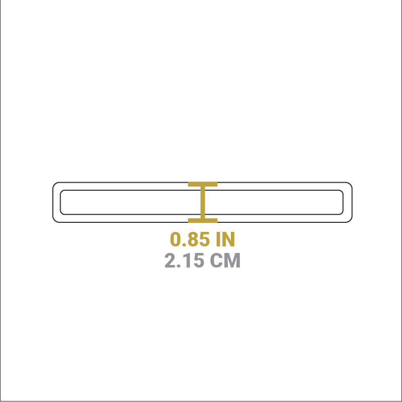 Dimensional drawing of product. Depth of handle opening is 0.85 inches.