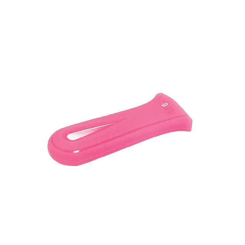 Pink silicone handle holder with indent to provide a secure grip on handle.