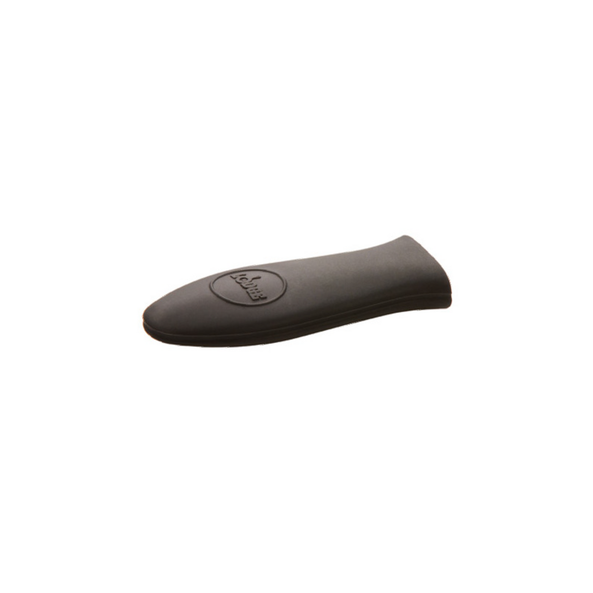 Black silicone handle holder with Lodge branding.