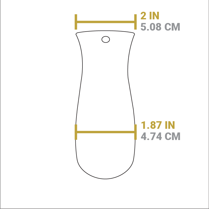 Dimensional drawing of product. Width of handle opening is 2 inches, width of other end is 1.87 inches.