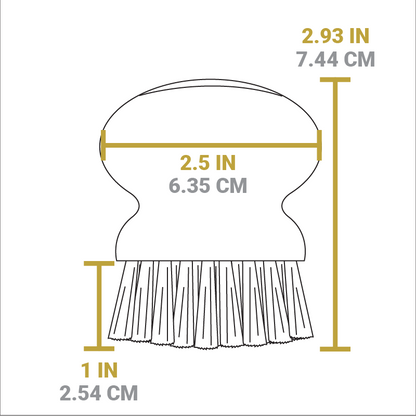 Dimensional drawing of scrub brush. Height is 2.93 inches, height of scrub bristles is 1 inch, and width is 2.5 inches.