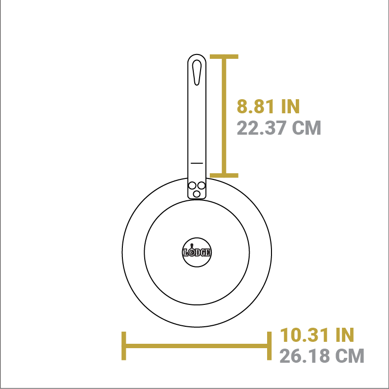 Dimensional drawing of product. Width of skillet is 10.31 inches, length of handle is 8.81 inches.