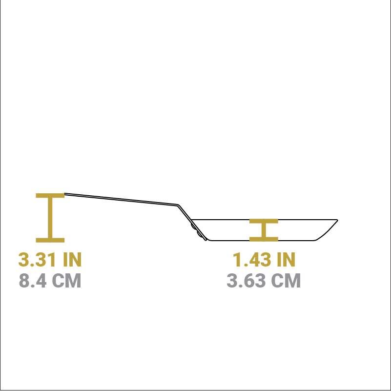 Dimensional drawing of product. Depth of cooking surface is 1.43 inches, height of handle from bottom is 3.31 inches.